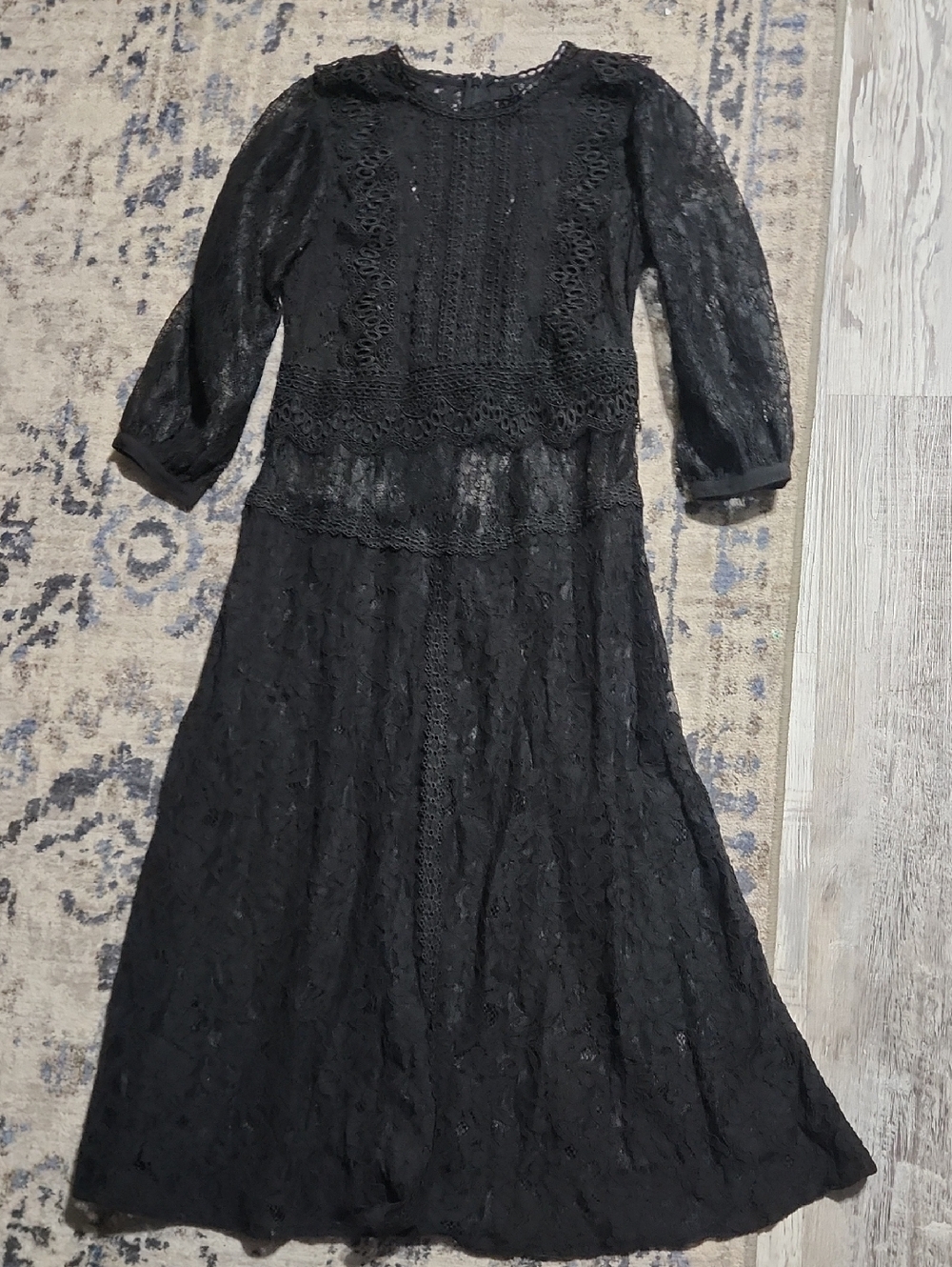 Johnny Was Biya Black Lace Maxi Dress with Crochet Panels